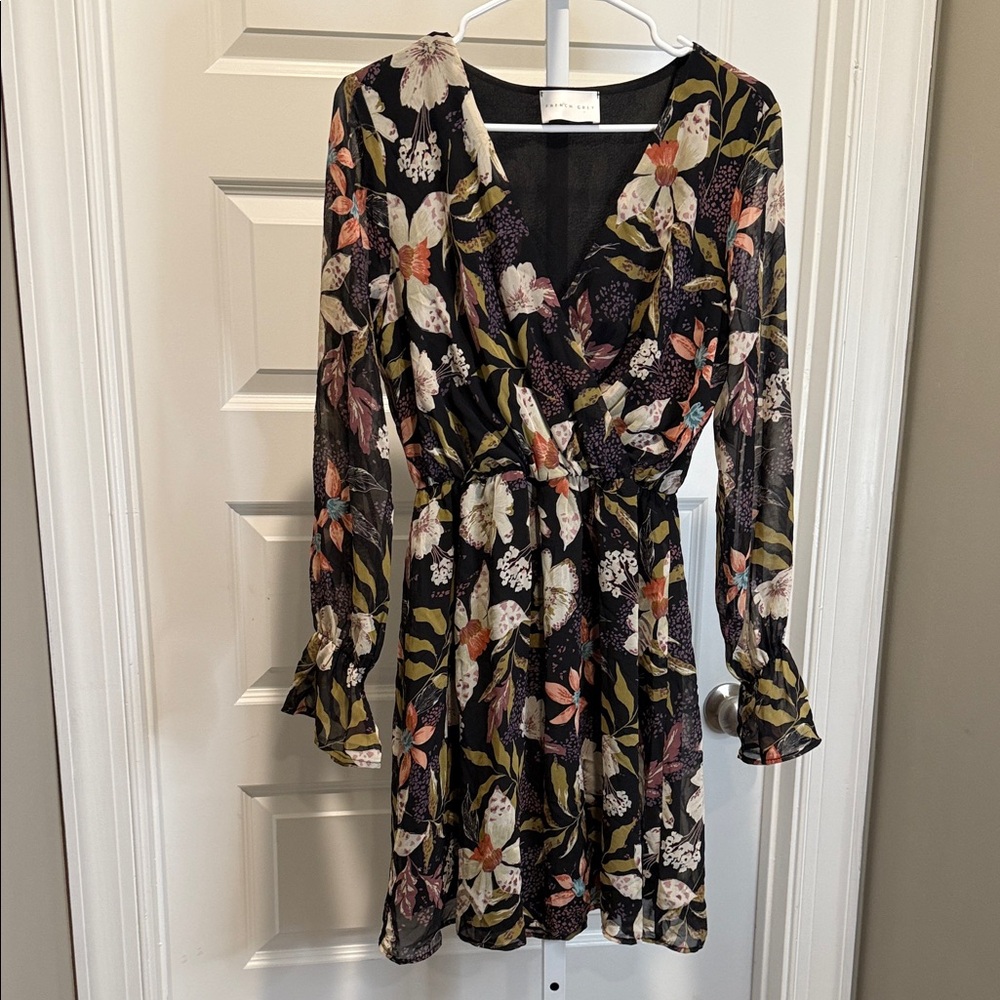 French‎ Grey Floral Wrap Dress Long Sleeve Romantic Boho Feminine Style M